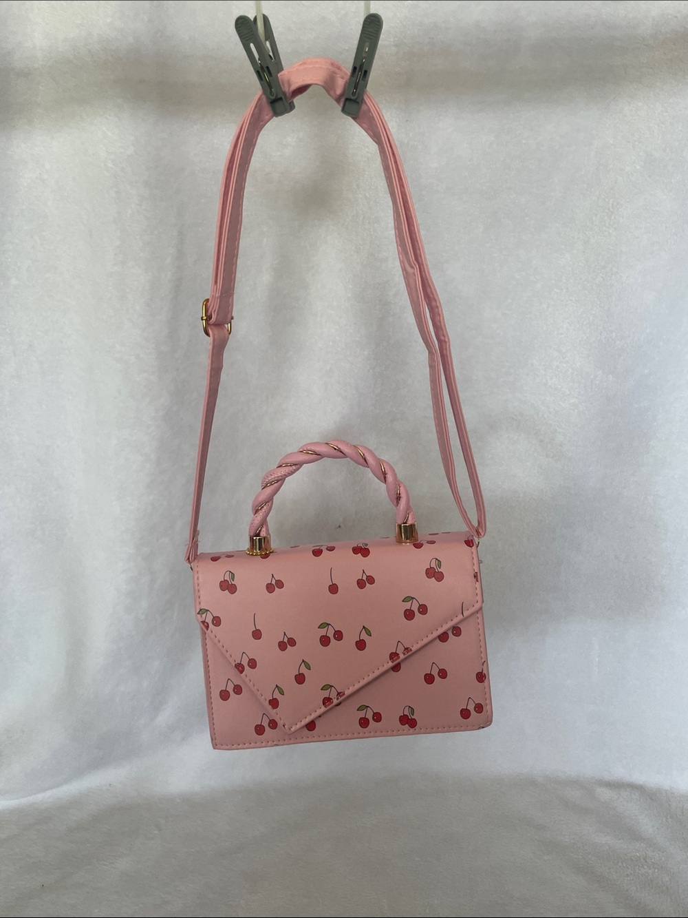 Pink Cherry-Print Crossbody Bag with Twist Top Handle